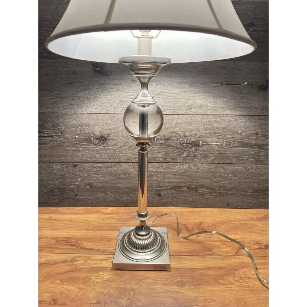 Restoration Hardware Polished Nickel Crystal Ball Table Lamp 32” Original Shade